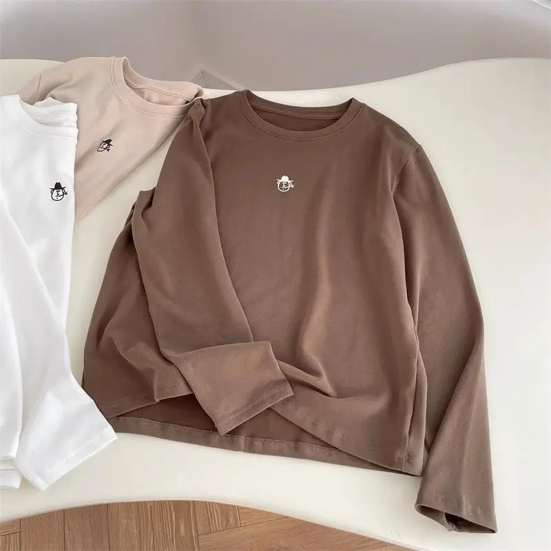 Slimming Effect Velvet Flocking Embroidery round Neck Long Sleeve Loose Fit T-Shirt Women Ultra Soft Versatile Overhead Style