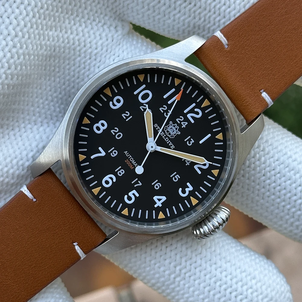 Reloj de piloto STEELDIVE para hombre, reloj de pulsera mecánico automático para buzo, resistente al agua 20ATM, C3 + BGW-9, zafiro luminoso NH35, corona de cebolla