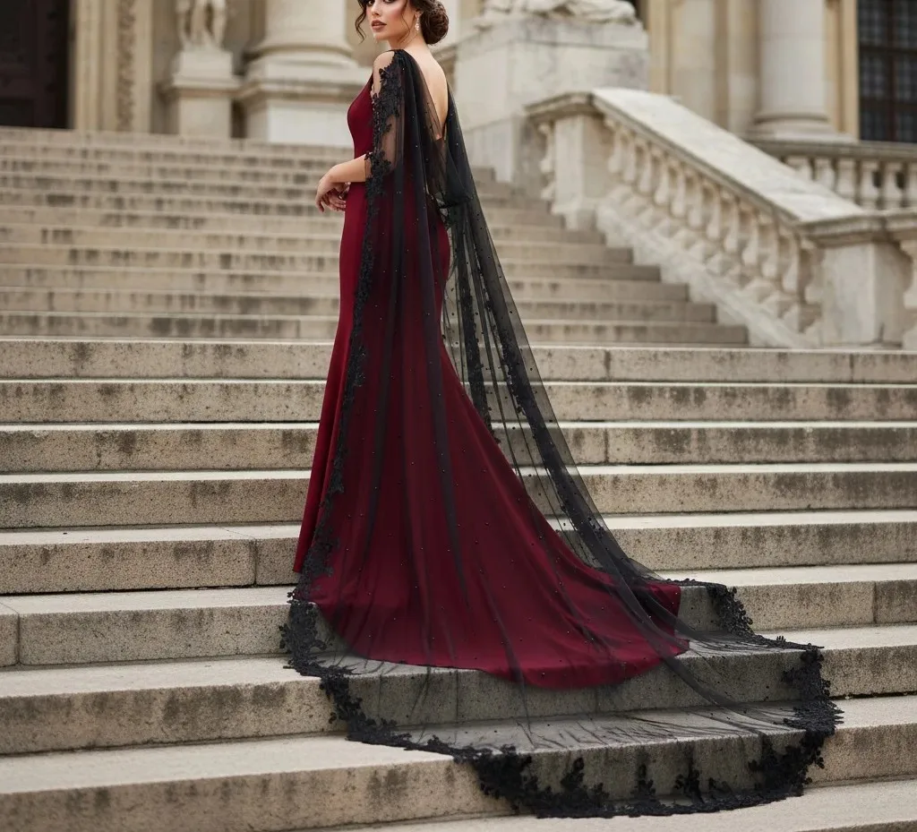 Black Lace Pearl Tulle Cape with Metal Clips Cathedral Length Wedding Shawl for Bride & Evening Gown Gothic Bridal Accessory