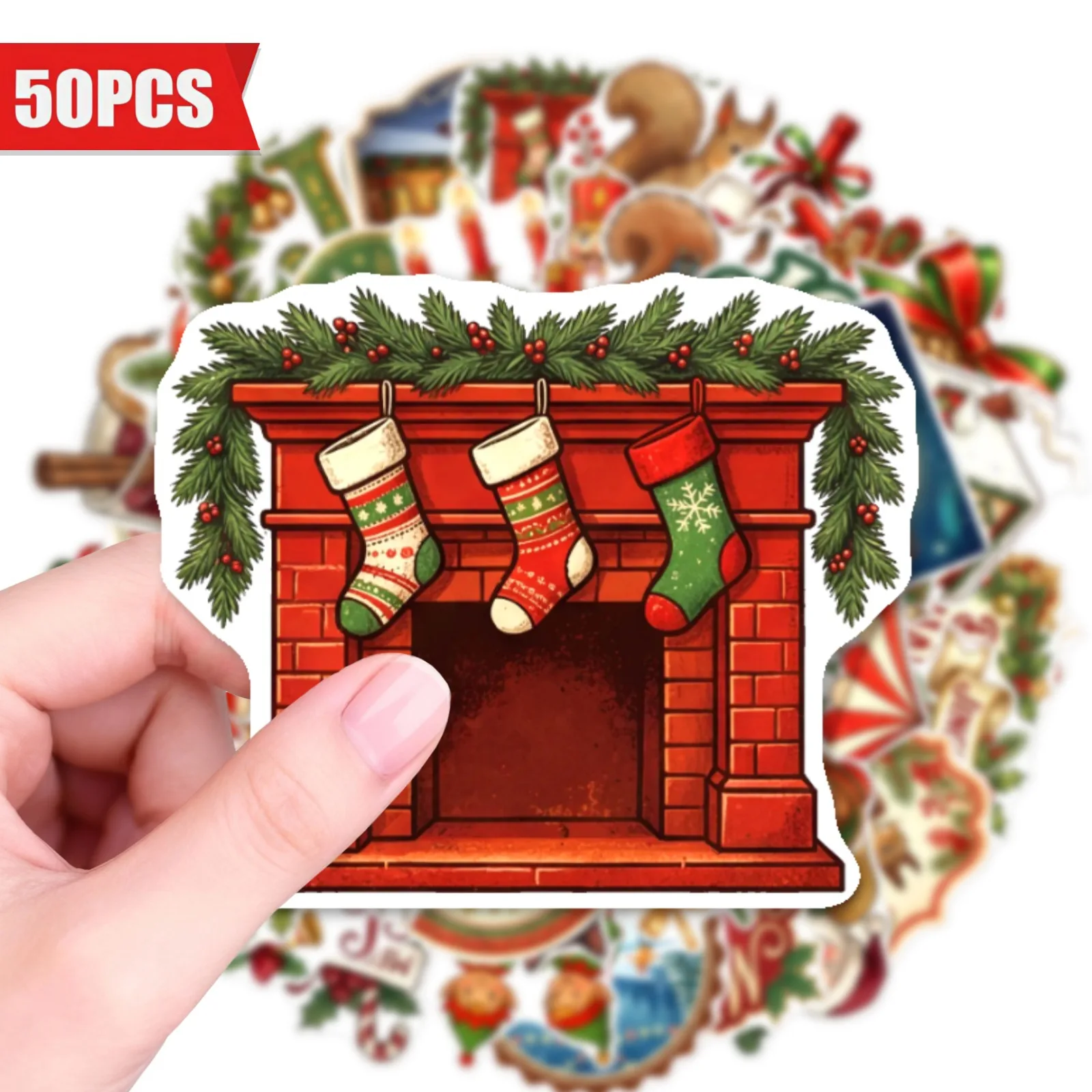 50 PCS Retro Christmas Theme Cartoon Animal Decorative Stickers Hand Account Luggage Water Cup Wall Atmosphere Decoration Decals