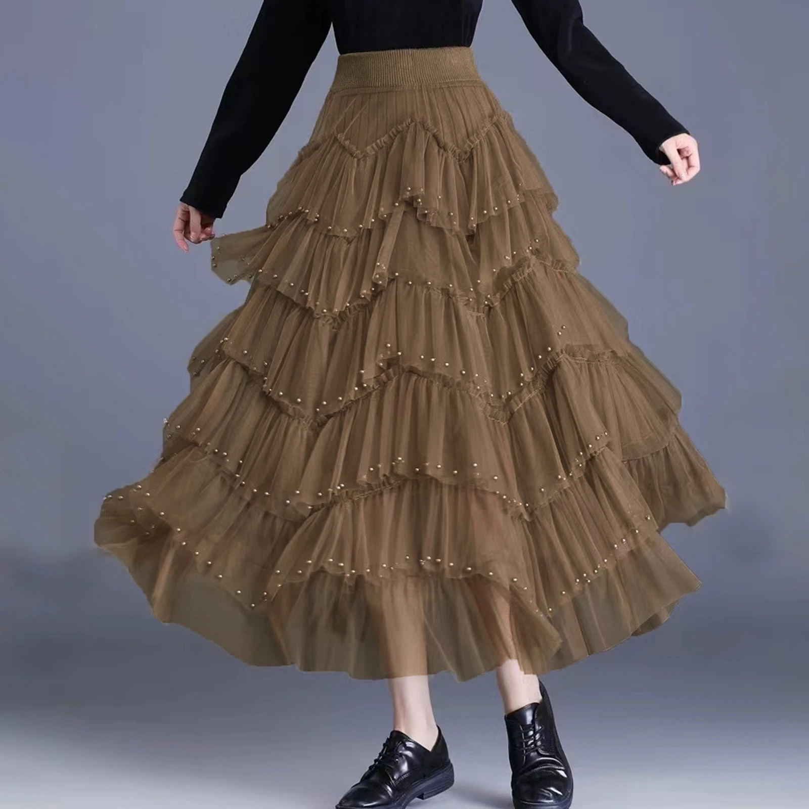 Damen Midi Röcke Perlen elastische Röcke mit hoher Taille Frühling Sommer lose lässige Tüll Tutu Röcke