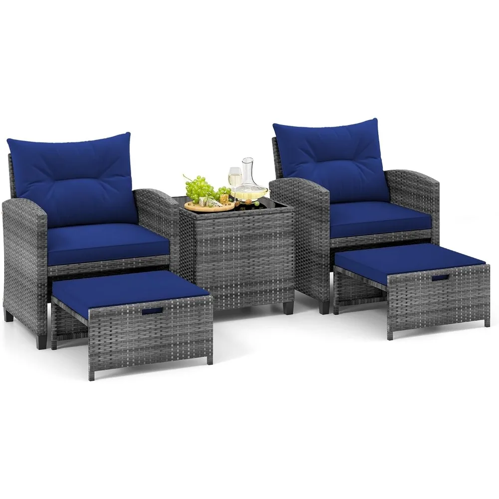 

5 Piece Patio Rattan Furniture, Wicker Cushioned Chairs Set w/ 2 Ottomans & Tempered Glass Coffee Table, for Poolside, Backyard