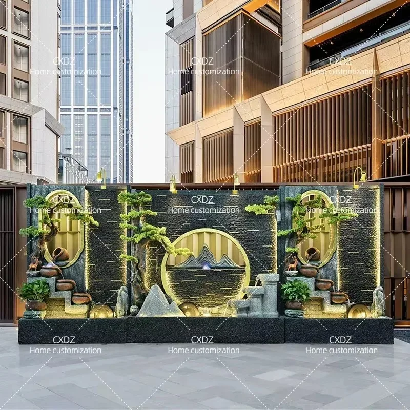 Large Hotel Lobby Courtyard Water Curtain Wall Rockery Flowing Water Fountain Feature Wall Screen Ornament Landscape View