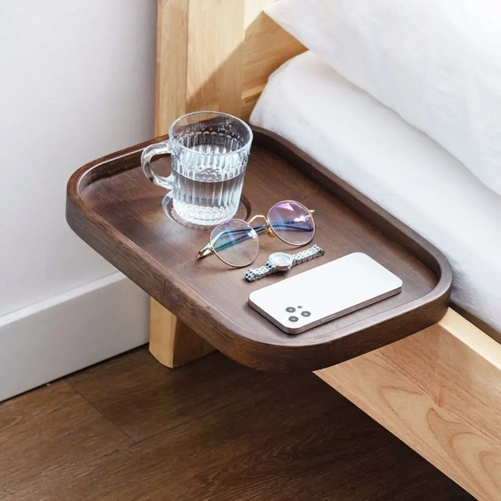 

Clamp on Bamboo Bedside Shelf With Cup Holder Non-slip Bathtub Side Tray Easy Installation Space Saving