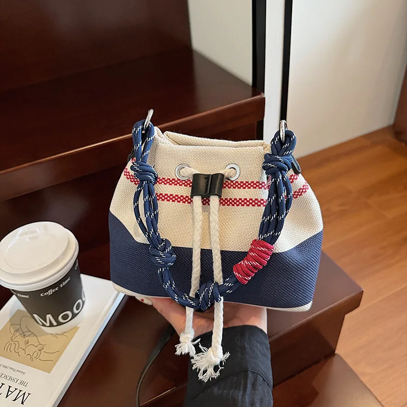 

​​2025 Summer Womens Color Block Canvas Bucket Bag Drawstring Underarm Crossbody Purse Stylish Versatile Shoulder Bag​