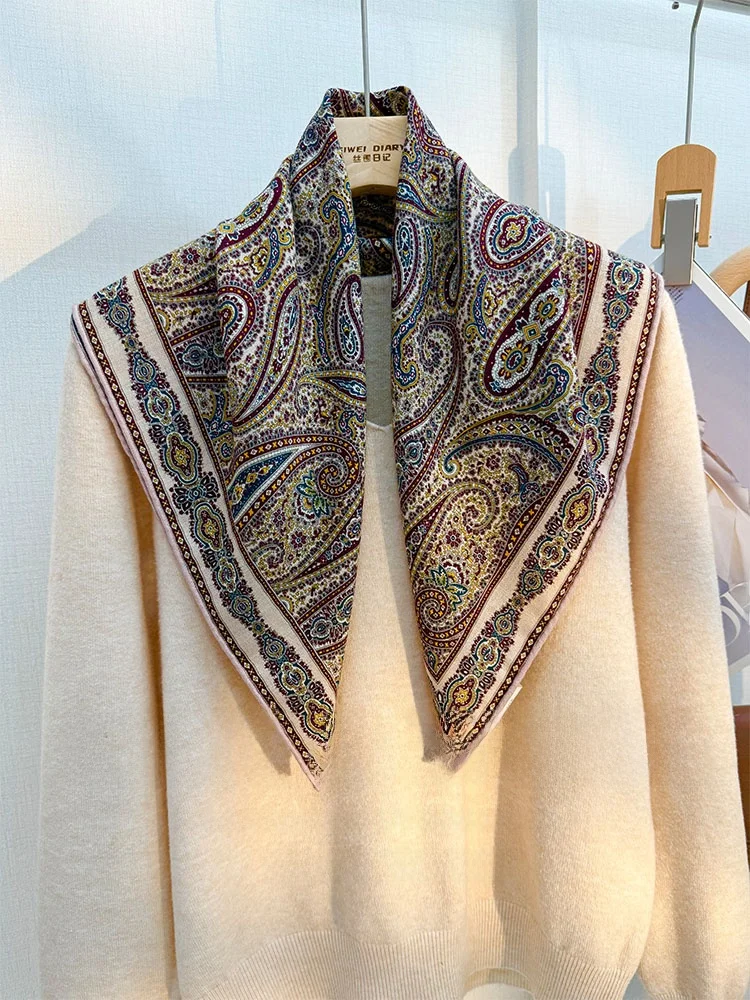 イタリア製ヴィンテージペイズリーカシミヤスカーフ-レディース-春秋-多用途-ネックプロテクター-ショルダーラップ-ギフト-花柄プリント-ウールシルク