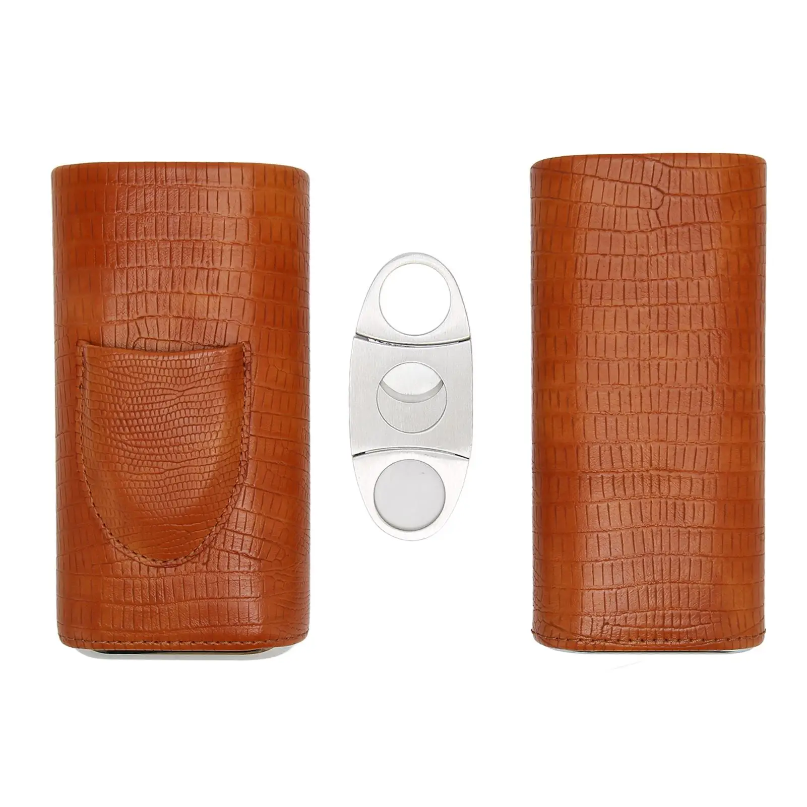 Portable 3 Finger Cigar Case with Cedar Lining & Cutter - Faux Leather Holder for men - Brown