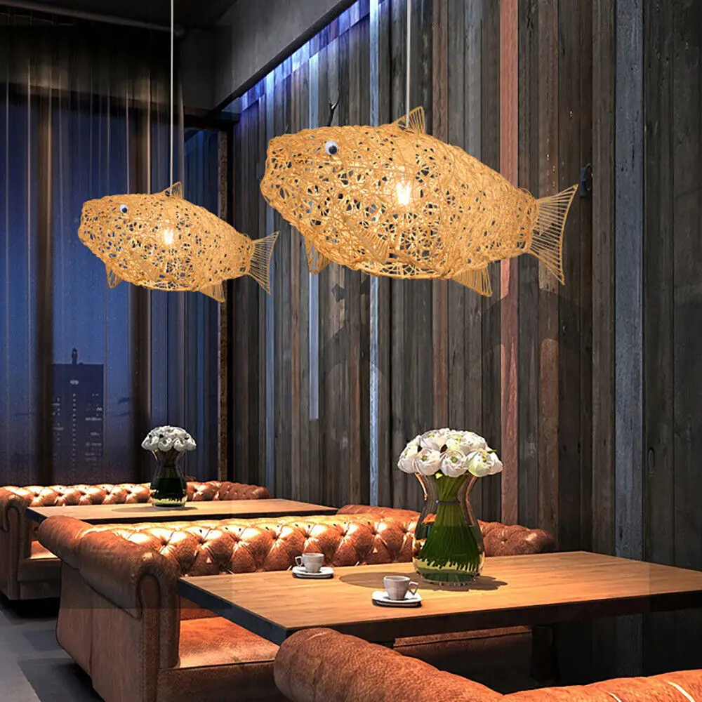 

Rattan Fish Ceiling Light 9W LED Hand-Woven Pendant Lamp with Adjustable Cord for Indoor Lighting