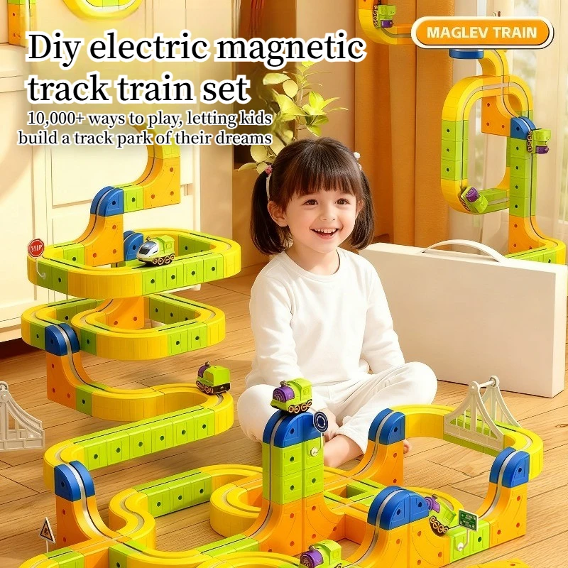 Juego de tren de pista magnética eléctrica Diy de partículas grandes creativas, bloques de construcción, juguetes educativos, regalo para niños
