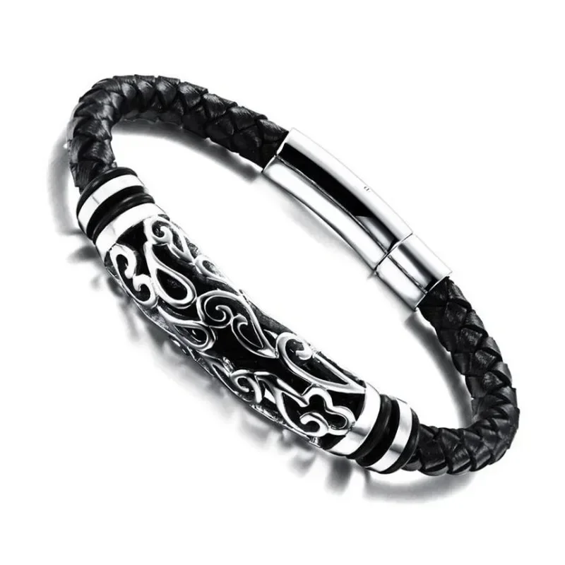 Men\\'s Fashion Metal Cutout Pattern Leather Braided Bracelet Trend Single Layer Leather Bracelet Casual Jewelry Gifts