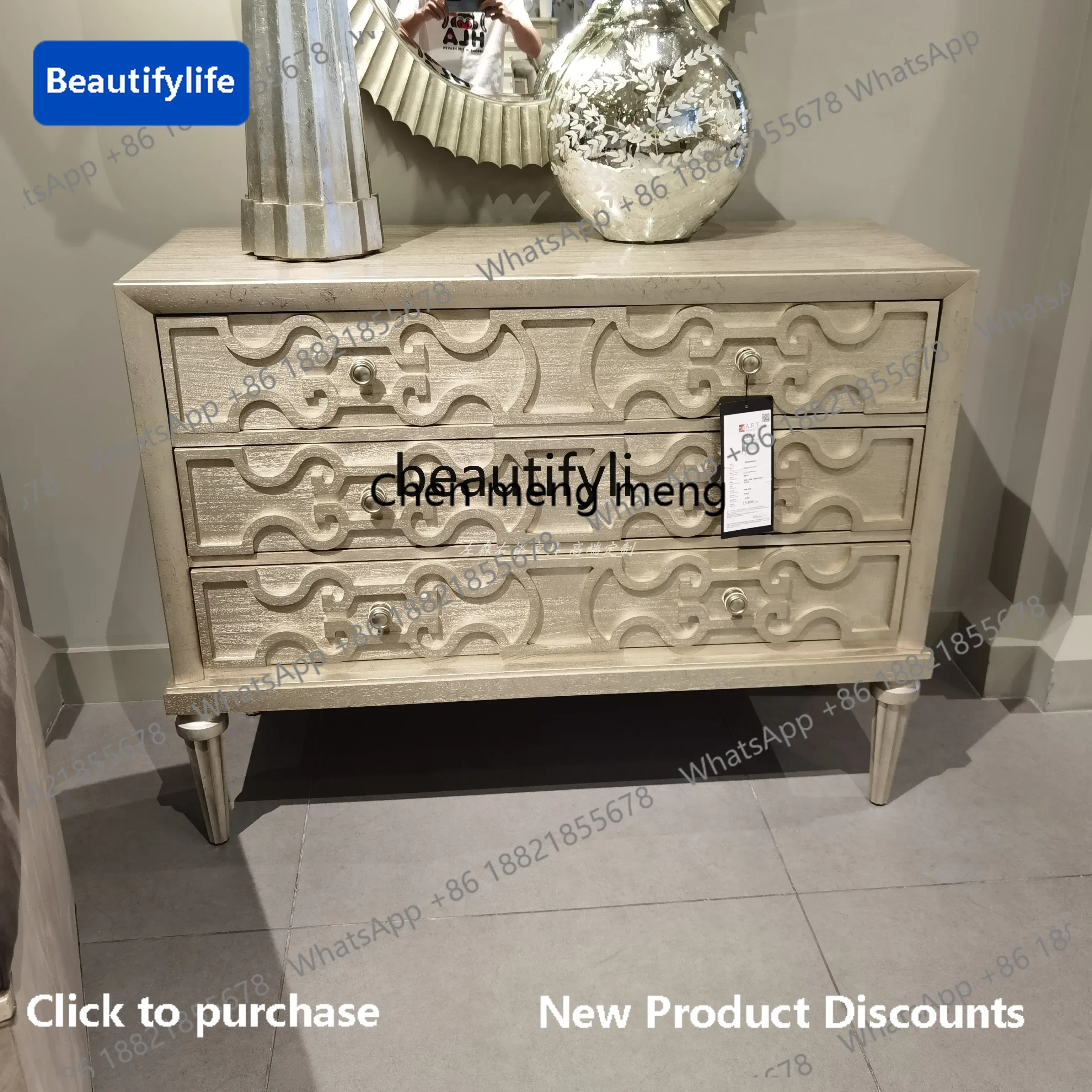 

183Impression porch cabinet, American light luxury solid wood carving flower marble dining side cabinet customization6005