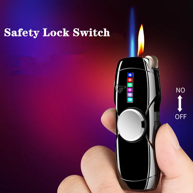 Creative LED Fidget Gyro Butane Gas Lighter Outdoor Windproof Metal Turbo Jet Cycle Use Blue Flame Torch Lighter Men\'s Gift