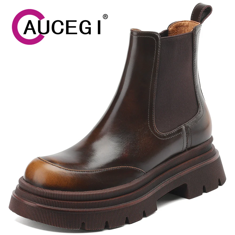 

Aucegi 2024 Autumn Winter Genuine Leather Chelsea Ankle Boots Women Round Toe Thick Heel Platform Brown Black Handmade Shoes