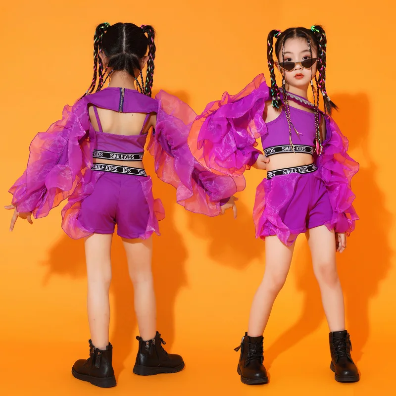 

Kid Fashion Hip Hop Clothing Purple Halter Puffy Long Sleeve Top Crop Tank Bubble Shorts for Girl Jazz Dance Costume Clothes Set