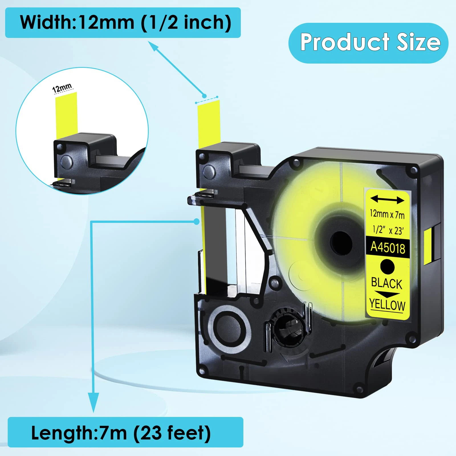 GREENCYCLE 5PK Black on Yellow Label 12/19mm Compatible For Dymo 45018 45808 Cartridge Cassette For Printer Dymo LabelManager100