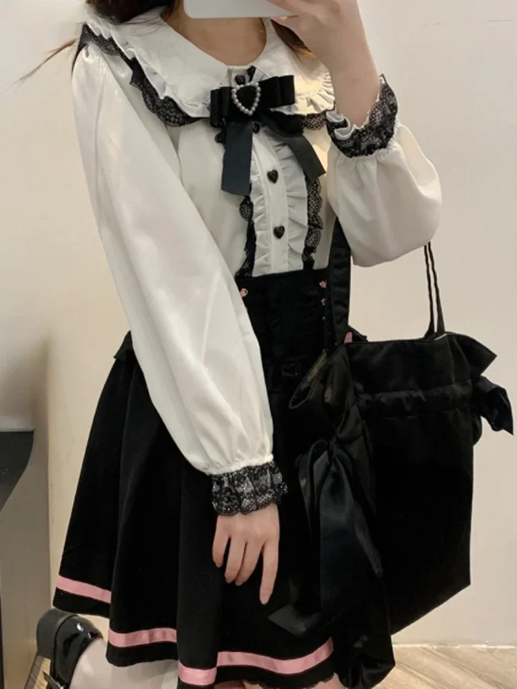 Doce lolita blusas femininas primavera verão moda japonesa harajuku laço arco camisas de manga longa feminino kawaii topos blusas