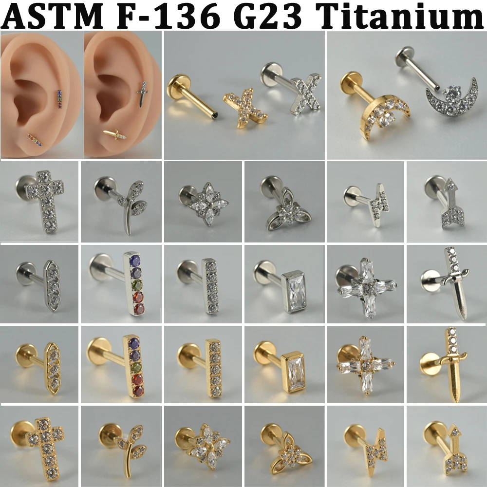 1 Stück Titan-Implantat mit Zirkonia-Kreuz, Schwert, Mond, Lippen-Labret, Innenschraube, CZ-Knorpel-, Tragus-, Conch-, Rook-Hoop-Ohrring