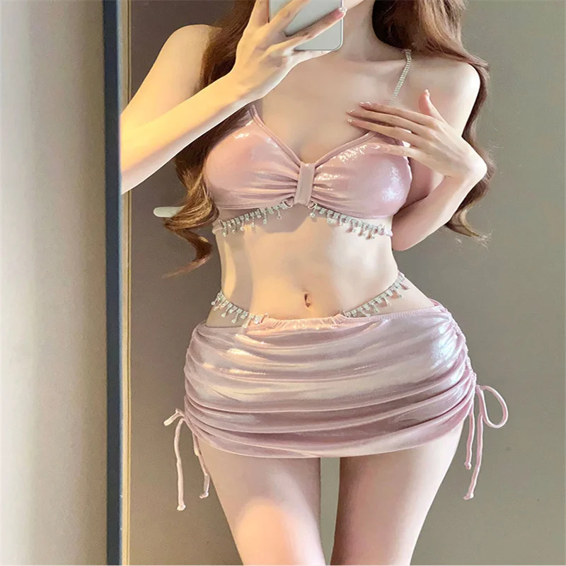 Sexy Hot Girl Bikini Pink Three Piece Set With Rhinestone Decoration Swimsuits Women\'s Bikinis Trend 2024