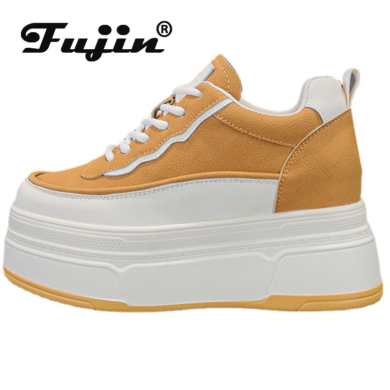 

Fujin 9cm Cow Genuine Leather Casual Chunky Sneakers Wedge Platform Wedge Vulcanize Mixed Color Comfy Pumps Fashion Women Shoes