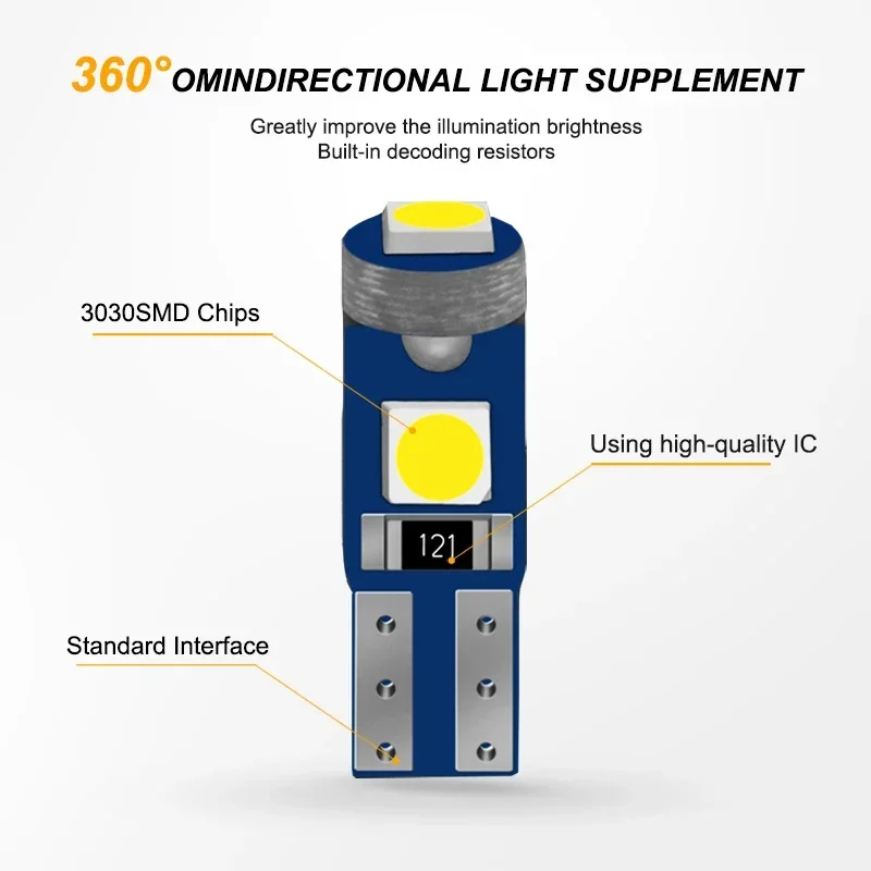 10pcs 12V T5 Led Bulb 3SMD 3030 Chips Super Bright Car Board Instrument Panel Lamp Auto Dashboard Warming Indicator Wedge Light