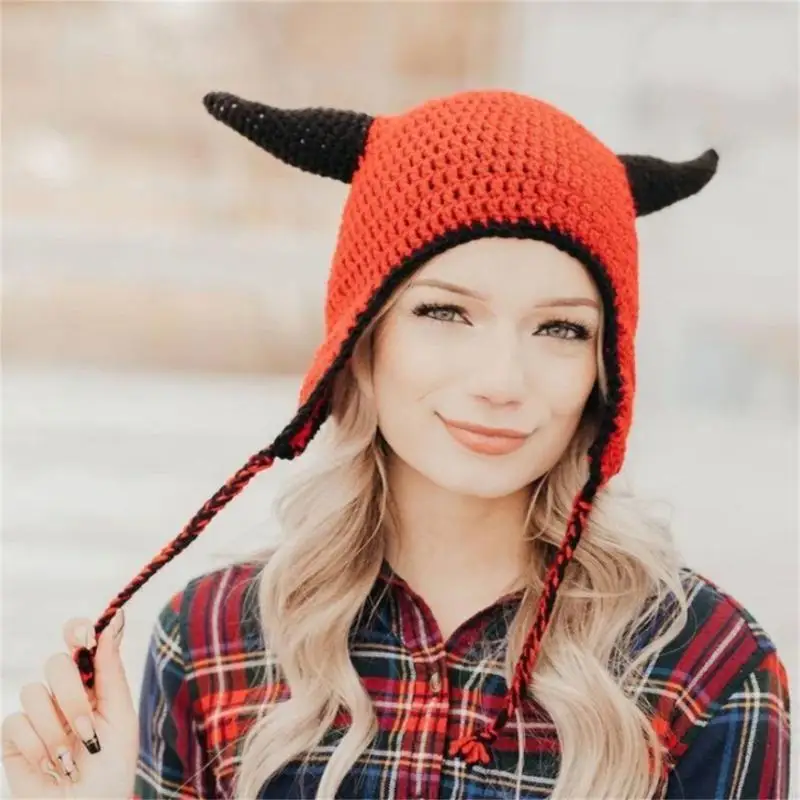 Little Devil Hat Y2k Devil Horn Hat Earflap Knit Devil Hat Earflap Hat F3MD