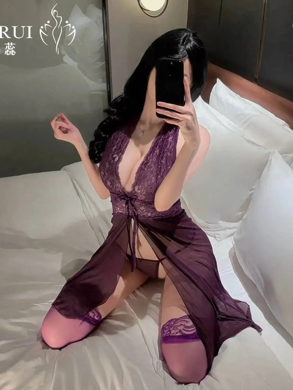 مثير الدانتيل شبكة بروتيل باس النوم الأرجواني انظر من خلال الجوف خارج ثوب النوم فستان ساخن أنيق الأرجواني الحلو فستان قصير YFI0