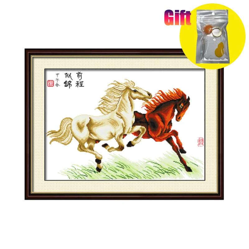 Spring cross stitch kit animals Two galloping horses 11CT Stamped Fabric needle embroidery kits diy handcraft crafts gift