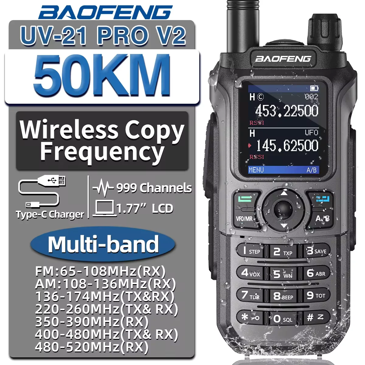 Baofeng UV-21 Pro V2 무선 복사 주파수 다중 대역, 강력한 방수 장거리 UV-5R, C 타입 양방향 햄 라디오