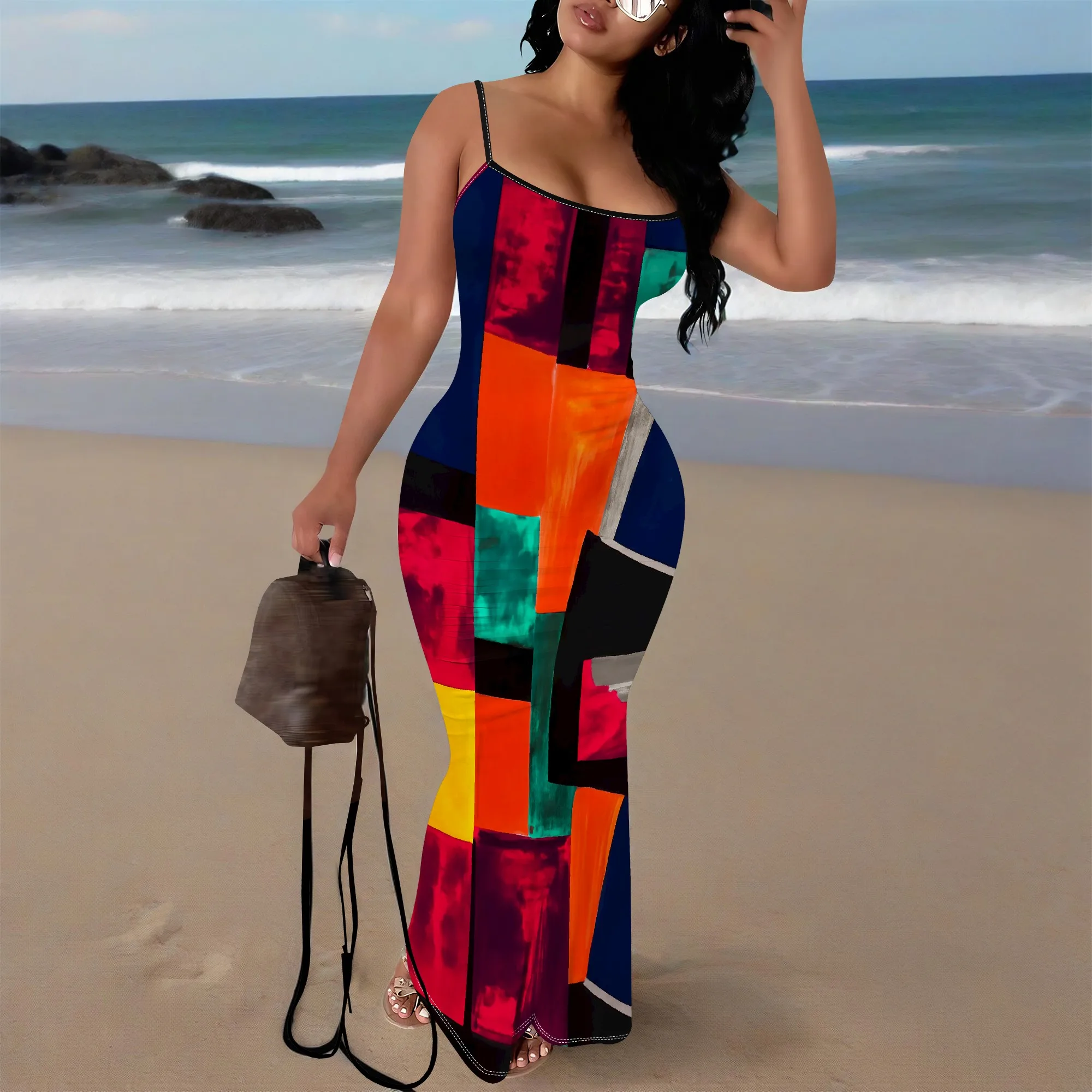 

XS-3XL Color Block Maxi Dress for Women – Sleeveless Spaghetti Strap Bodycon Long Dress for Summer Festival Party Look