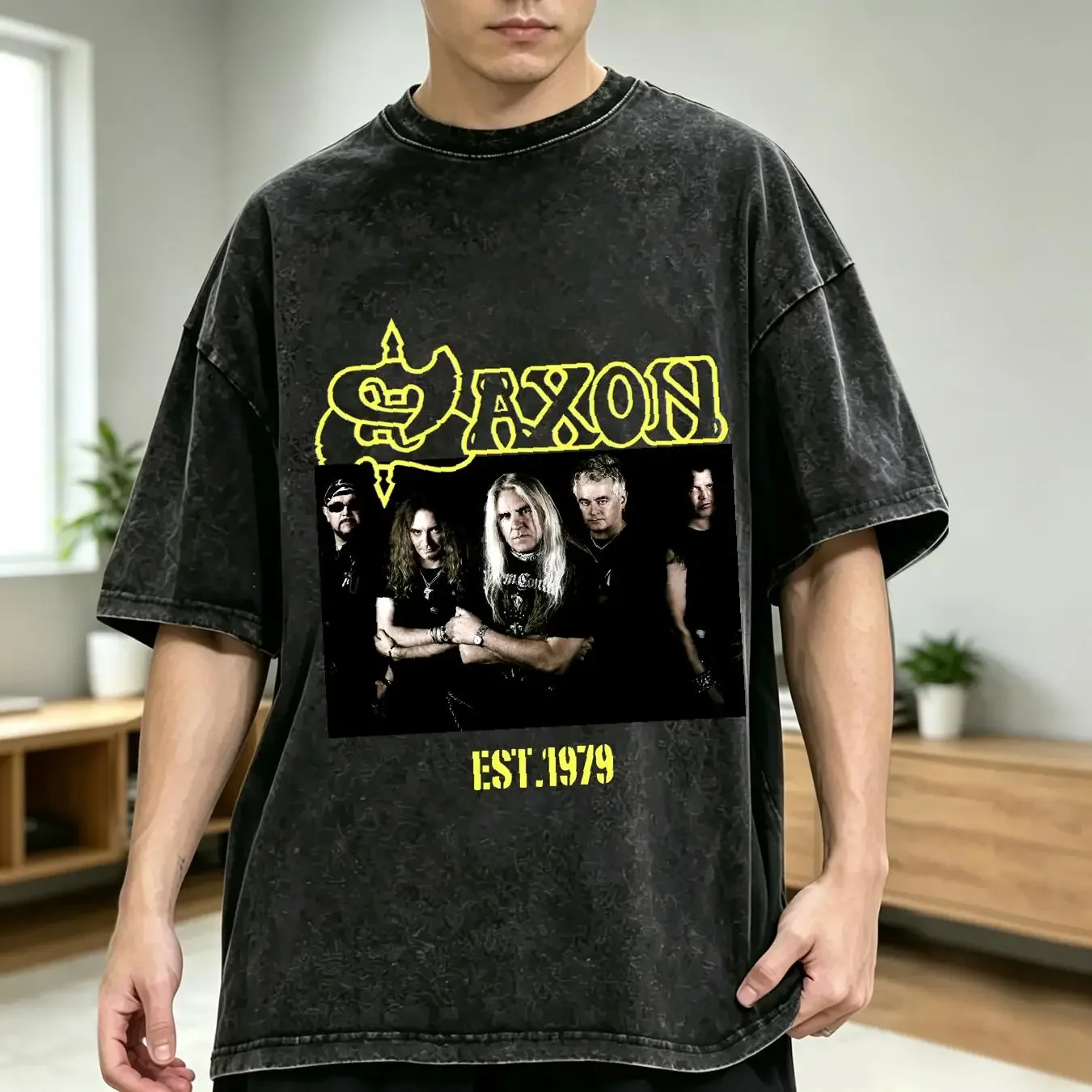 washed T Shirt Saxon Band Members Black Cotton S 234XL long or short sleeves vintage Washed Versatile designer clothes Stylish