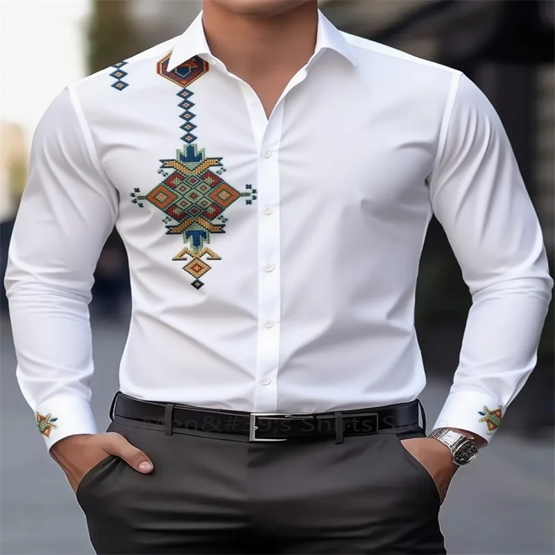 

New Men's Ethnic Tribal Pattern Printing Shirt Retro Casual Lapel Long Sleeve Business Shirt 100% polyester Tops Men's clothing