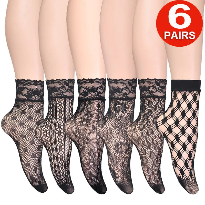 

6 Pairs Women Lace Floral Ankle Socks Lot Summer Mesh Thin Sexy Ladies Transparent Funny Socks