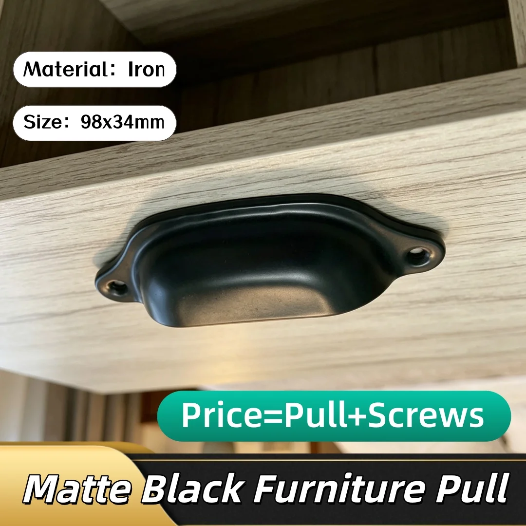 98x34mm Matte Black Shell Pull Furniture Handle Hole CC 84mm Iron Material Pull