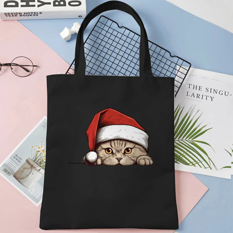 Funny Christmas Cat Print Canvas Tote Bag Large Capacity Teen Shoulder Shopping Bag Fashion Women\'s Christmas Gift Handbags