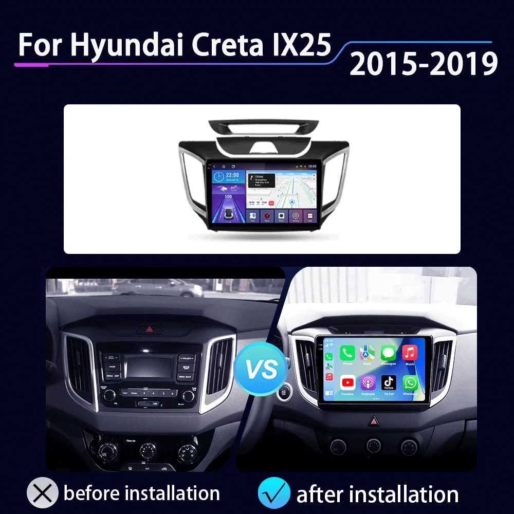 Android 16 For Hyundai Creta IX25 2015 - 2019 Carplay Auto 4G+WIFI GPS Car Radio Navigation Multimedia Video Player Stereo
