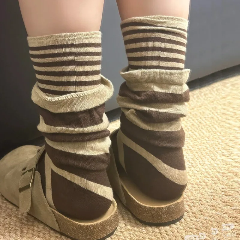 

JK вязаные двухслойные полосатые гетры, чулки до икры, лоскутные носки, женские полосатые чулки в стиле Лолиты, длинные чулки-трубочки