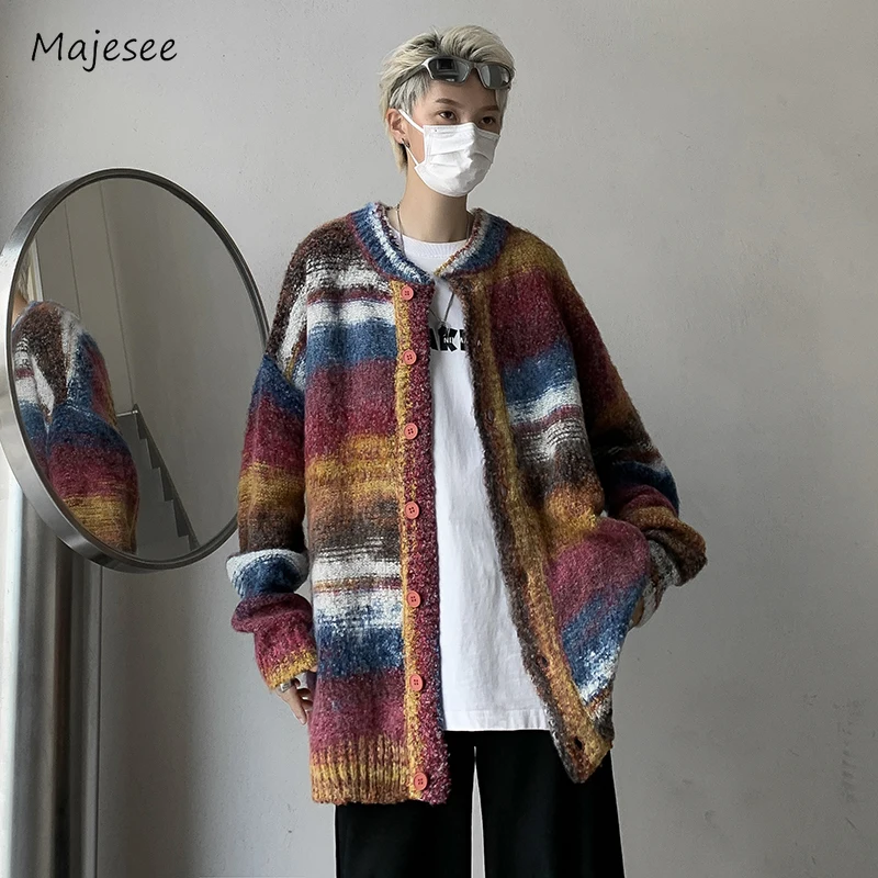 

Knitting Cardigans Men Casual Trendy Panelled High Street Autumn Winter Loose Teenagers Round Neck Tie Dye American Style Retro