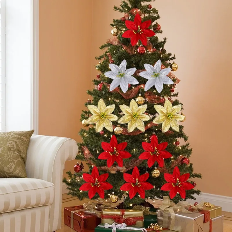 عيد الميلاد الزهور الاصطناعية الأحمر بريق البونسيتة مع مقاطع شجرة عيد الميلاد شنقا زخرفة DIY إكليل الزفاف السنة الجديدة الديكور #6