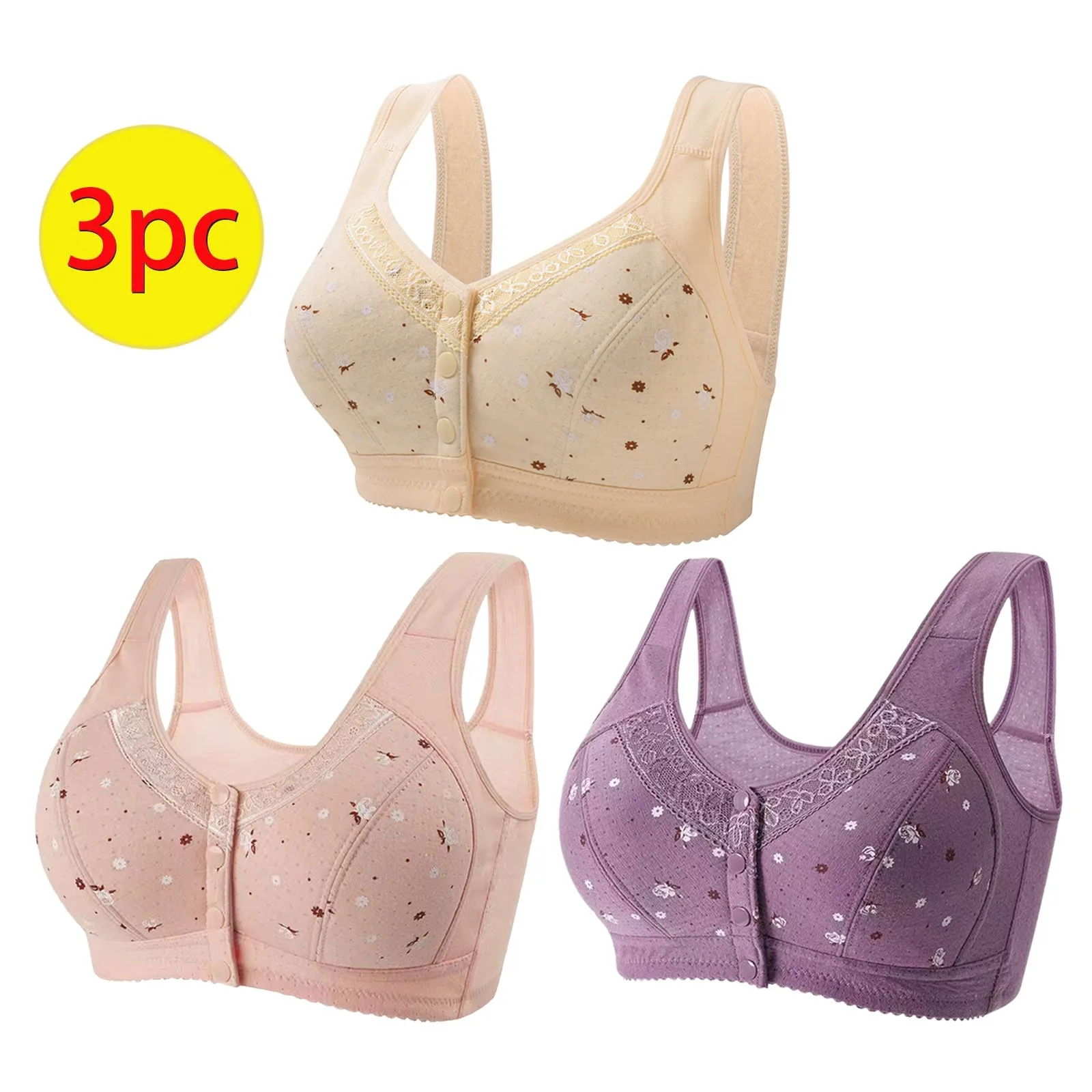 3Pcs/Set Plus Size Women Lingerie Bra Front Closure Push Up Bras Sexy Soft Underwear Lace Print Wide Straps Breathable Tank Tops