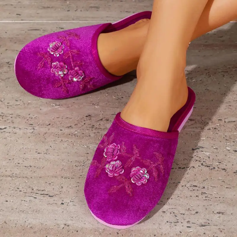 Bunte Pailletten-Blumen-Hausschuhe für Damen, Herbst, leichte, weiche Plüsch-Mules, warme Schlafzimmer-Slipper für Frauen – Detail 6
