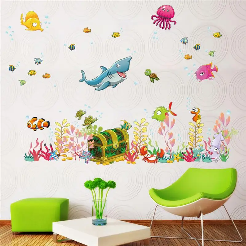 Vivid Deep Sea World Fish Sealifes Wall Sticker For Kindergarten Kids Room Bathroom Home Decoration Cartoon Mural Art Pvc Decals