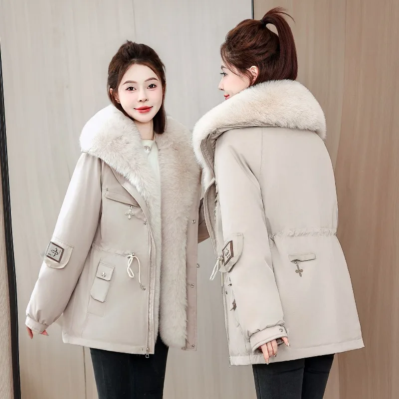 Winter Women Mid‑Length Parkas Detachable Faux Fur Collar Liner Drawstring Waist Multi‑Pocket Warm Casual Daily Ladies Outerwear