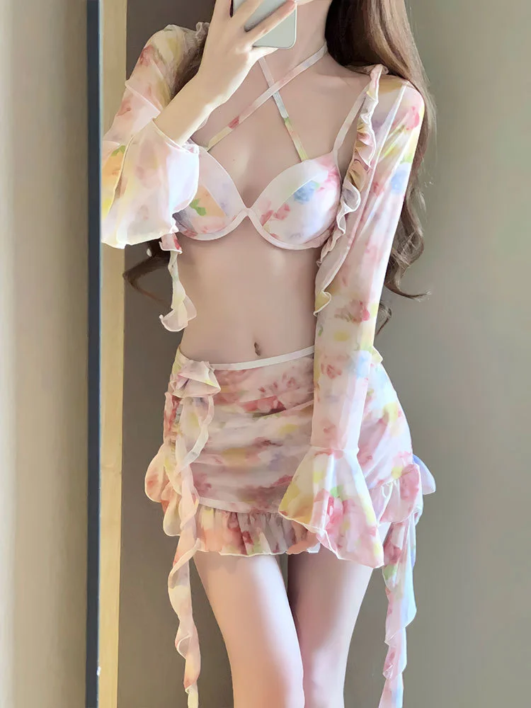 Women's Tropical Print Bikini Set 4Pcs with Wrap Skirt Robe Underwire Push Up Swimsuit Tummy Control Bathing Suit for Beach Spa
