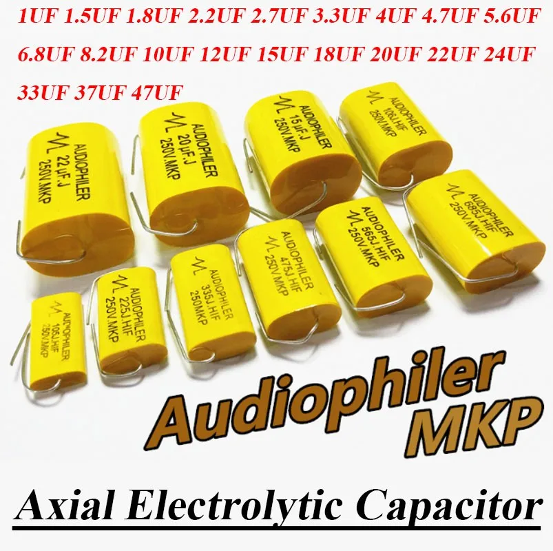 1pcs 1uF~47uF 250V Polypropylene MKP Capacitor Audio Crossover Speaker Axial Electrolytic Capacitor Yellow for Audio Speaker