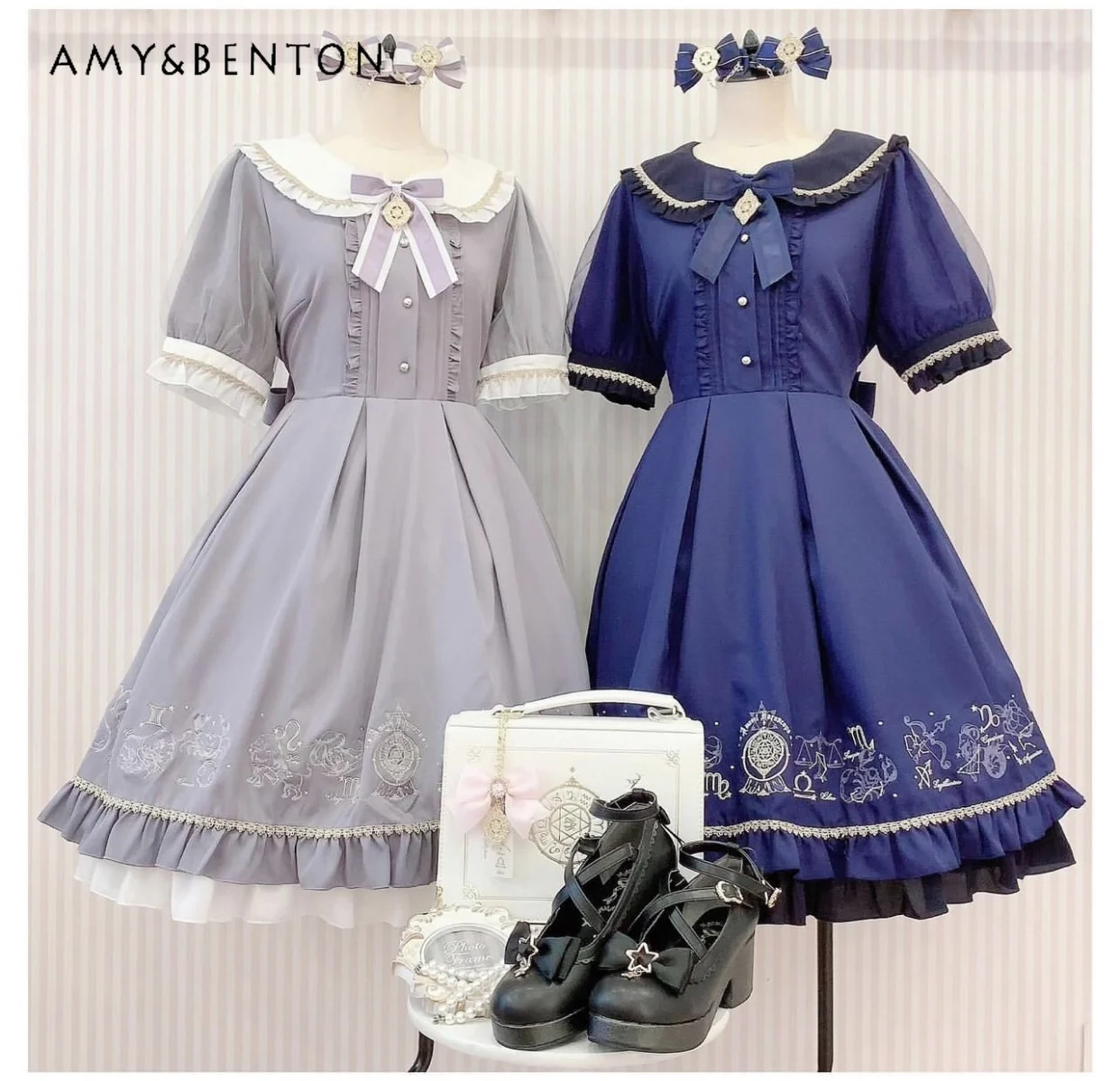 Constellation Series Heavy Industry Embroidery Lolita Dress Sweet Girl Doll Collar Bow Short Sleeve Dresses Japanese Mine Dress