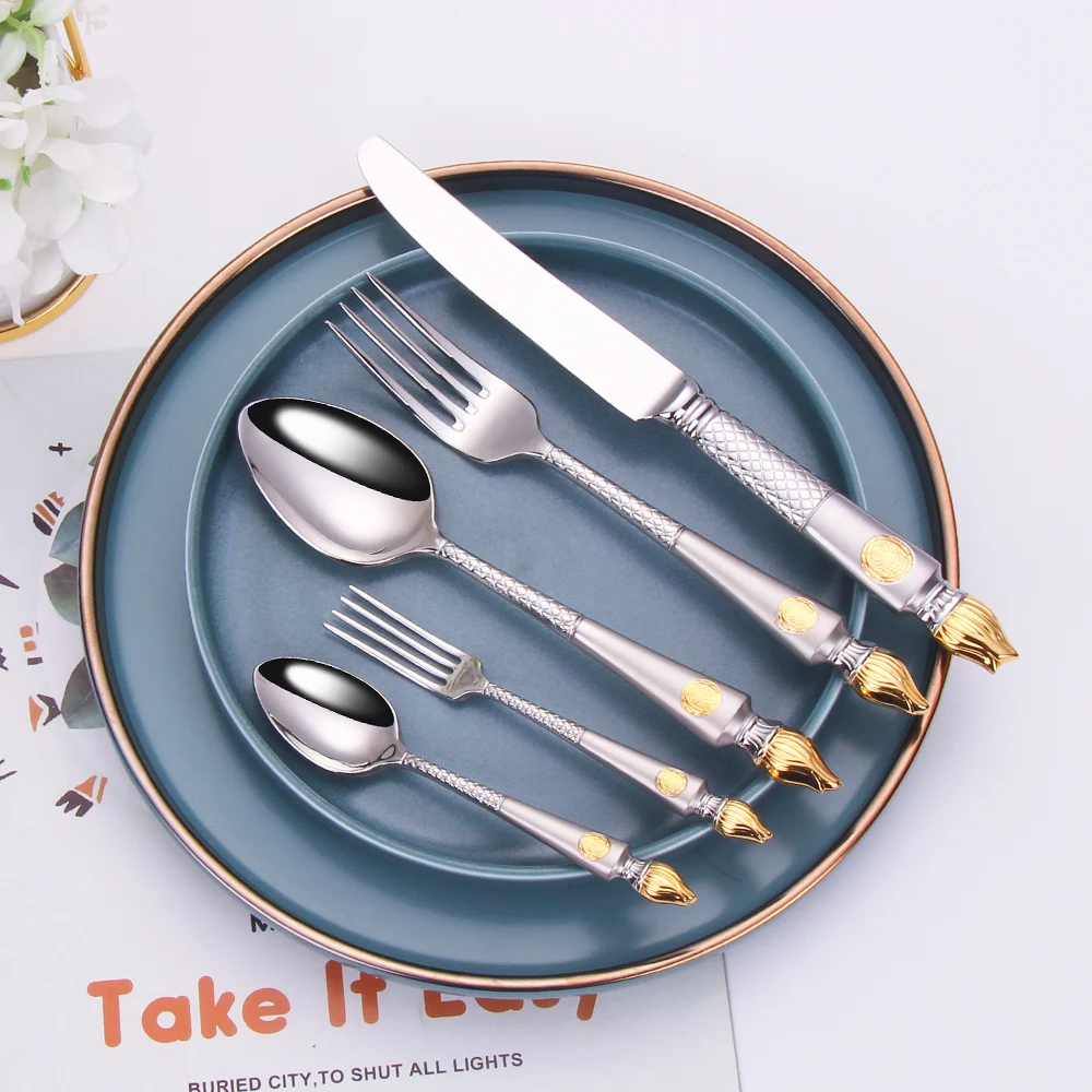 5 Pieces Tableware Set Stainless Steel Dinnerware Luxury Cutlery Vintage Knife Spoon Fork Set Kitchen Utensils Sliver Flatware