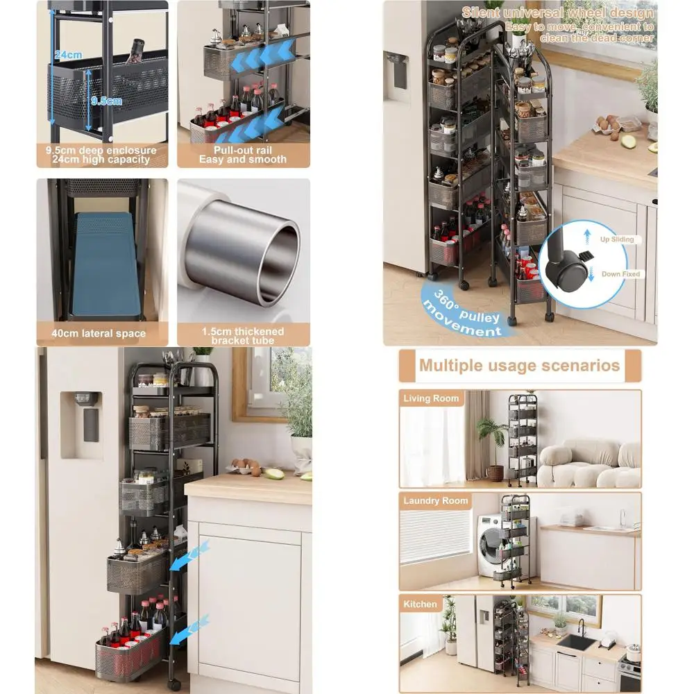 

5-Shelf Rolling Storage Cart with Pull-Out Basket, Multi-Purpose Organizer for Kitchen, Bathroom, and Laundry in Black