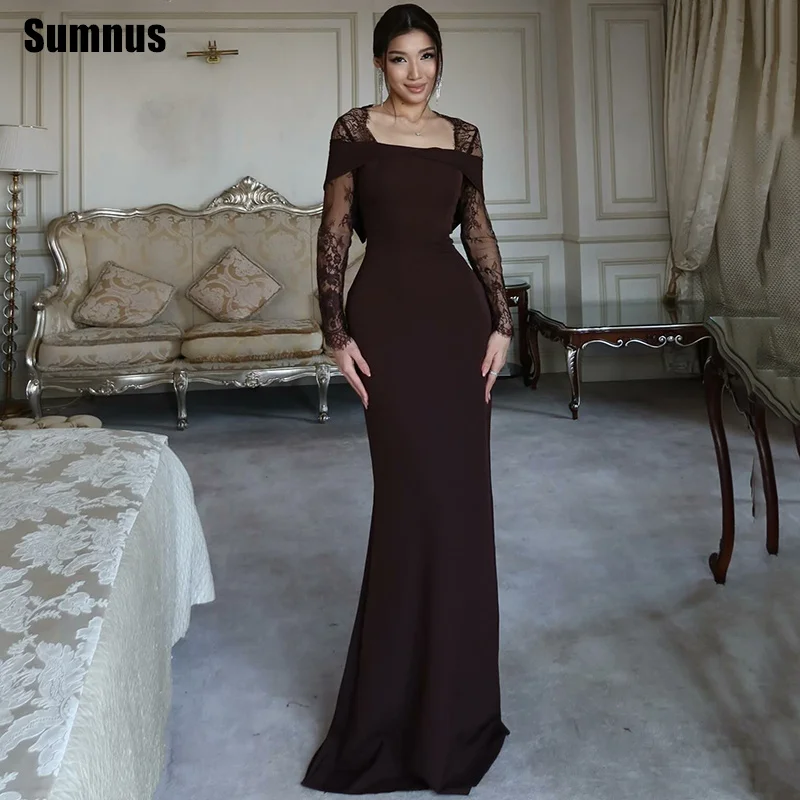 

Sumnus Elegant Mermaid Prom Dresses Brown Square Collar Lace Full Sleeves Formal Dresses فساتين سهرة Customized