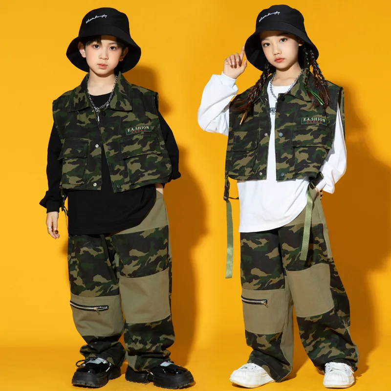 

Kid Hip Hop Clothing Camo Sleeveless Jacket Cargo Vest Army Green Casual Zipper Baggy Pants for Girl Boy Dance Costume Clothes