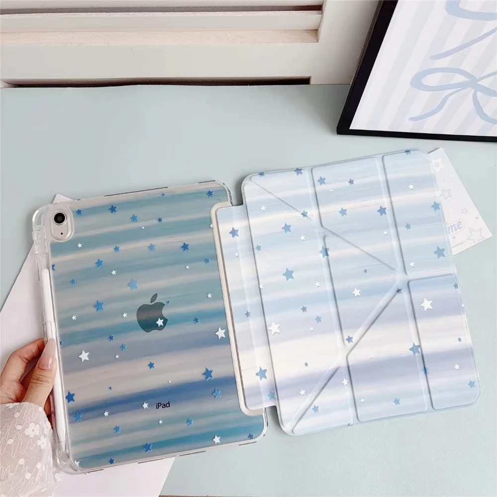 New Korea Gradient Blue Striped Star Y2K Cover For iPad Pro 13 11th M5 M4 12.9 A16 10 8 7 9th 10th Air 11 M2 M3 Mini Tablet Case